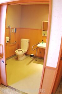 入口から見て左奥に、たて置きに便器がある。入口からみて正面、便器の右となりに洗面台
