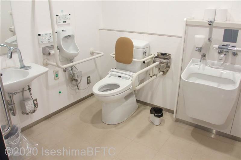 1階車いす対応トイレ内部　入口から見て左奥に、たて置きに便器がある。入口からみて左手前に洗面台