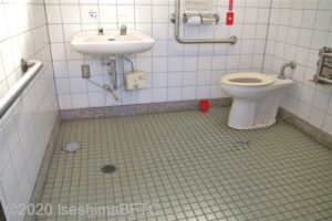 入口からみて右奥に、よこ置きに便器。入口からみて正面に洗面台