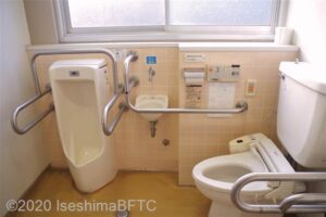 便器に向かって右側にＵ型可動手すり、左側にＬ型手すり