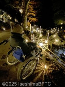 『幽玄の竹あかり』を楽しむ車いすの女性のようす