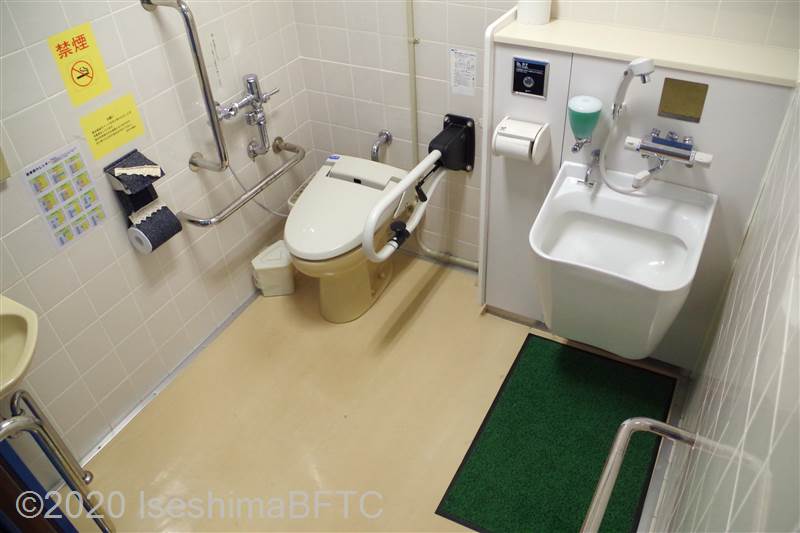 入口からみて左奥に、たて置きに便器。入口からみて左手前に洗面台、入口正面にオストメイト