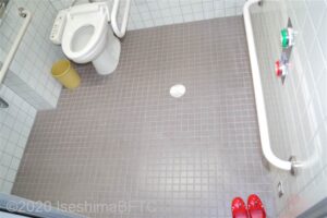 入口からみて左奥に、たて置きに便器。便器に腰掛けて前方に手洗い器