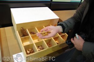 さまざまな種類の木の実が、小さく仕切られた木の箱に入っている。その1つを手のひらに乗せているようす。
