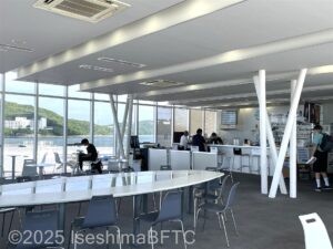 鳥羽マリンターミナル2階にある休憩スペースと喫茶店のようす。