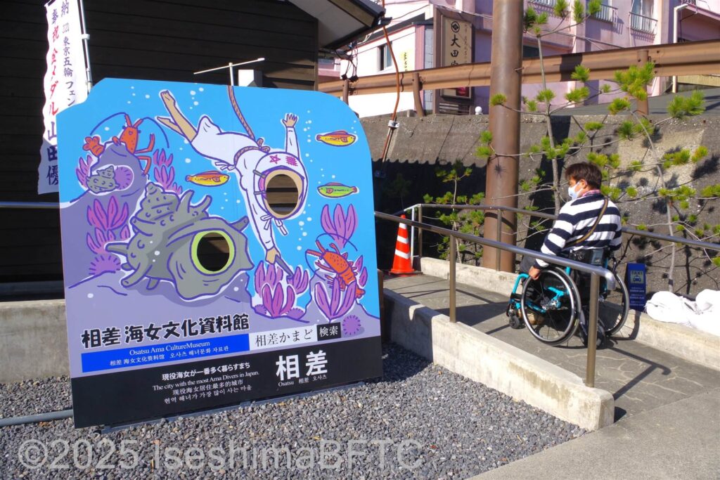海女文化資料館入口の顔出しパネル