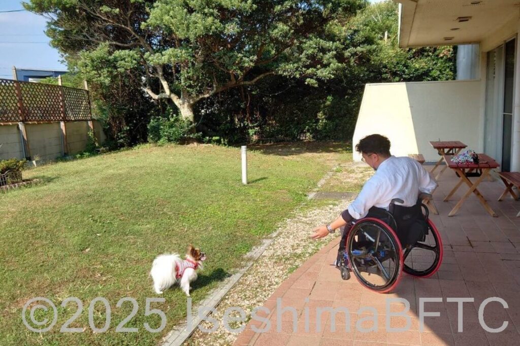 屋外で愛犬のリードを引く車いす利用者