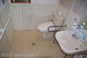 車いす対応トイレの室内のようす。便器に向かって左側奥の壁にはL字手すりが付いていて、右側にはU字手すりが付いている。