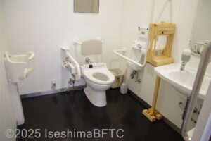 多目的トイレの個室内のようす。便器に向かって右側の壁にL字手すり、左側にU字の可動式手すりが付いている。ベビーシートの設備あり。