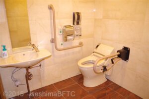 便器回りのようすと洗面台　　便器に向かって右側にＵ型可動手すり、左側壁にＬ型手すり