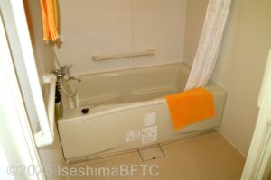 浴室のようす　入り口から左壁にL字の手すり　正面に浴室　浴室の奥にI字の手すり　浴室と洗い場の間にカーテン