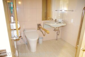 トイレ内部のようす　正面に便器、右奥に洗面台