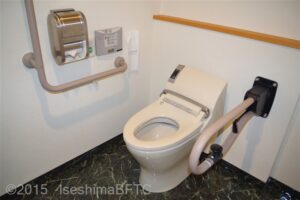 便器まわりのようす　便器に向かって右側にＵ型可動手すり、左側壁にＬ型手すり
