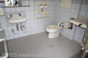 車いす対応トイレの個室内のようす。便器に向かって左側の壁にL字手すり、右側にU字の可動式手すりが付いている。