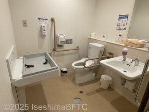 多目的トイレの個室のようす。便器に向かって左側の壁にL字手すり、反対側にU字の可動式手すりが設置されている。室内は車いすで回転できる十分な広さがある。