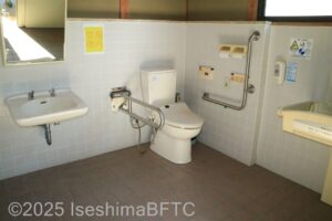 車いす対応トイレの室内のようす。便器に向かって右側の壁にはL字手すりが付いていて、左側にはU字の可動式手すりが付いている。