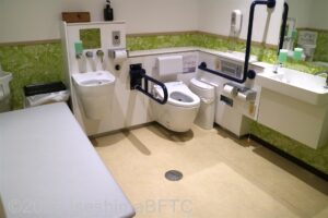 多目的トイレの室内のようす。便器に向かって右側の壁にはL字手すり、左側にはU字の可動式手すりあり。そのほかオストメイトやユニバーサルシートの設備もある。