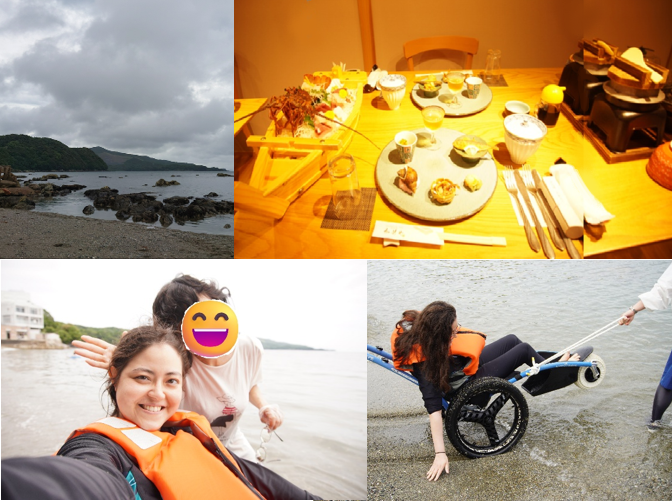 旅の思い出（海、旅館での食事、海の車いすに乗っての笑顔、砂をさわるようす）を1枚にまとめた写真