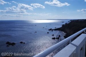 展望部からの眺め。眼下に広がる青い海が美しく輝く。
