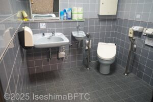 車いす対応トイレの室内のようす。個室の右奥の角に便器が斜めに設置されていて、両側に固定式のU字手すりがついている。