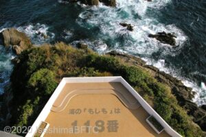 展望部分から眼下を見下ろしたようす。波が岩に当たって、白い波しぶきをあげる。