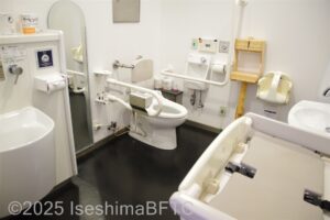 多目的トイレの個室内のようす。便器に向かって右側の壁にL字手すり、左側にU字の可動式手すりが付いている。ベビーシートとベビーチェア、オストメイトの設備もある。