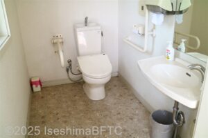 車いす対応トイレの内観　右手にL字手すり、左手にU字手すり可動　手前右手に手洗いボール。
