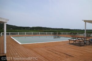 屋外プールのようす。ウッドデッキに埋め込まれているような感じ。