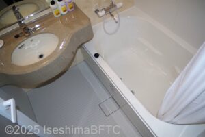 浴室のようす　入り口から右手に浴槽　正面に洗面