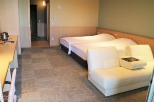 窓側から見た客室のようす。グレーの絨毯が敷いてある。