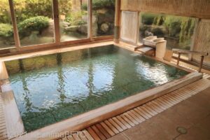 室内浴槽。埋め込み型で、床から浴槽縁までの高さは10センチ。