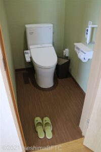脱衣所内のトイレのようす。短いたて縦グリッピの手すりあり。