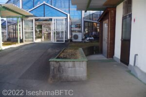 正面奥にハウスがあり、右手手前にはトイレが見える。