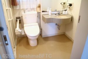 入って正面にたて置きに便器、右側に洗面