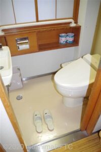 トイレのようす。トイレ側に５㎝下がる段差あり。便器に向かって左側によこＩ型手すりあり。
