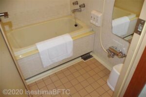 客室の風呂のようす。一般家庭のようなユニットタイプ。
