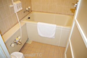 客室の風呂のようす。一般家庭のようなユニットタイプ。