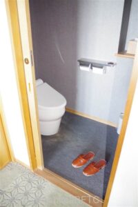 客室のトイレのようす。ドア下に段差なし。手すりなし。