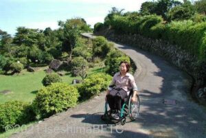「さんぽ道」の坂道を下りる車いすの女性のようす。