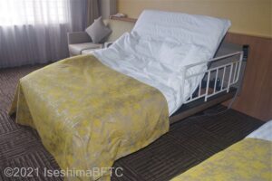 ベッドは3モーター　背もたれが上がっている状態の写真　側面にはベッド柵もある