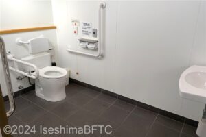 入口から見て左奥に、よこ置きに便器がある。入口からみて右奥に洗面台