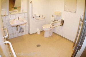207号室の車いす対応トイレの個室内のようす。便器に向かって左側奥の壁にはL字手すり、右側にはU字の可動式手すりが付いている。