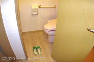 和洋室のトイレ。一般家庭ぐらいの広さ。便器に向かって左側の壁に横型I字手すりがついている。