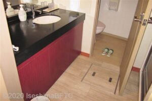 洗面脱衣室のようす。洗面所の奥に洋式トイレが見える。