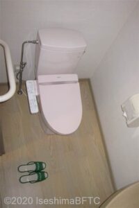 洋式トイレは一般の家庭の広さぐらい。便器に向かって左側の壁に横型I字手すりが付いている。