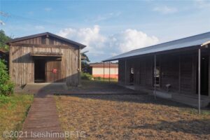 メインの海女小屋の他の建物2つを、外から眺めてようす。
それぞれの建物の壁は板張りになっていて、切妻屋根の素朴な感じの建物になっている。