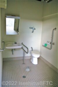 いざわのみや車いす対応トイレ内部　入口からみて右奥に、たて置きに便器。入口からみて左奥に洗面台