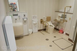 阿児アリーナ　ベイホール車いす対応トイレ　入口からみて右奥に、たて置きに便器。入口からみて右手前に洗面台