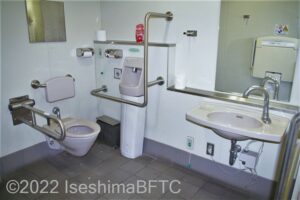 近鉄賢島駅車いす対応トイレ便器まわり　便器に向かって右側にL型固定手すり、左側にU型可動手すり