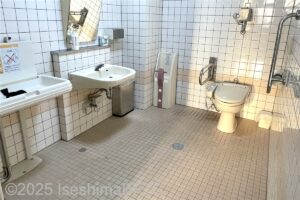 志摩市商工会館1階車いす対応トイレ内部全景　入口からみて正面奥に、たて置きに便器。入口からみて左奥に洗面台